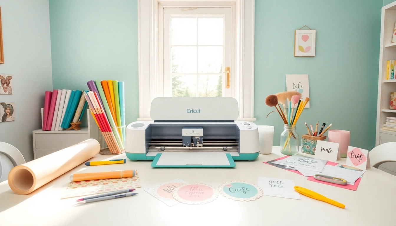 Cricut for beginners setup in a warm, colorful crafting workspace with tools and projects.