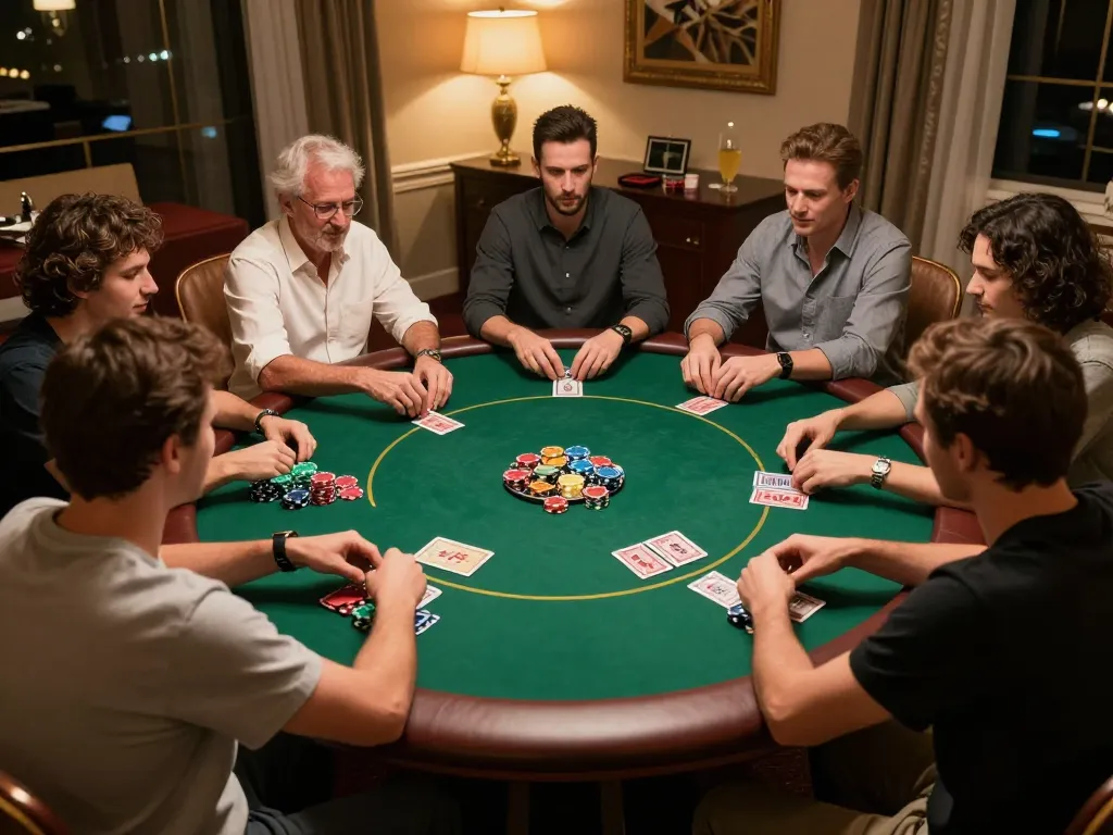 HB88 players strategizing in a cozy poker game, showcasing camaraderie and competition.