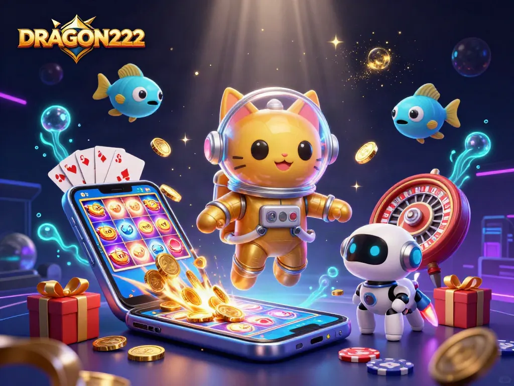 Experience thrilling gameplay with DRAGON222's colorful slot games in a dynamic and engaging scene.