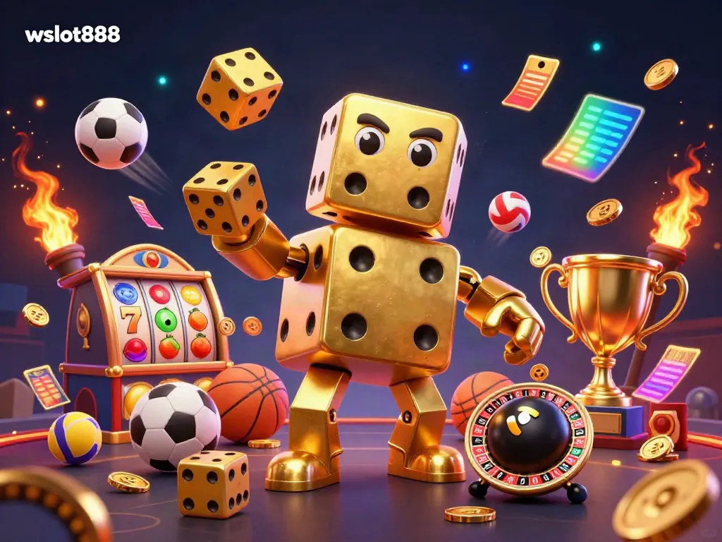 Gambarlah wslot888 yang menunjukkan golem dadu emas raksasa bermain dengan dadu kecil di kasino.