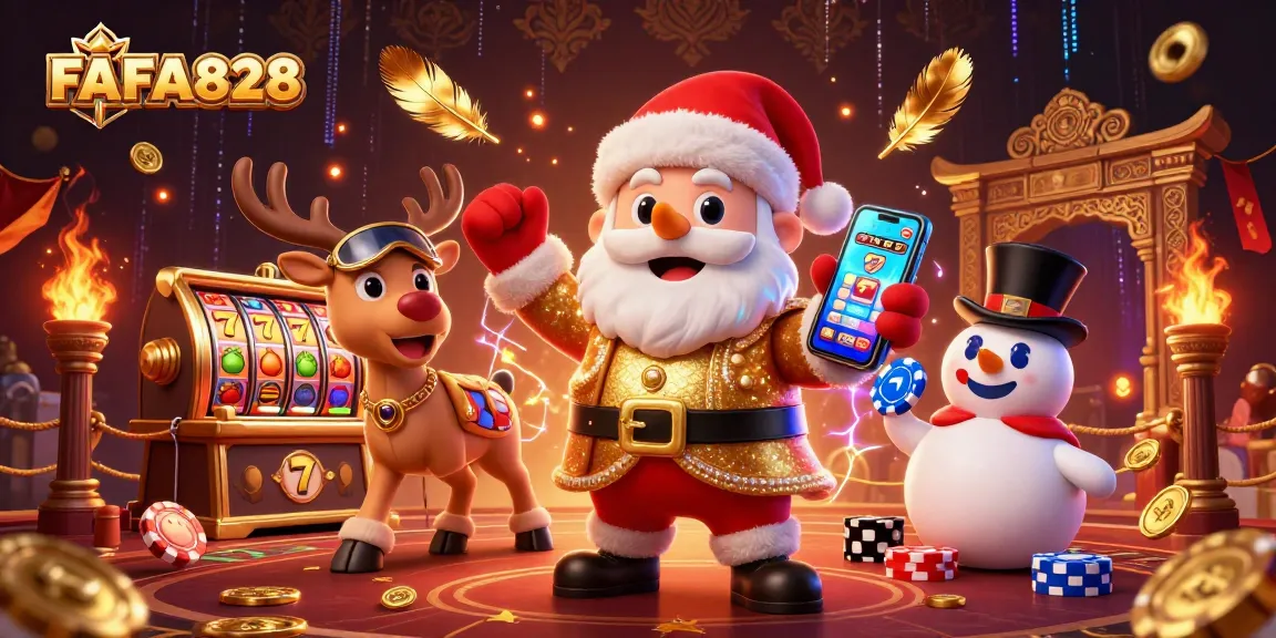 Spin the reels with FAFA828: a festive casino scene featuring Santa, a reindeer dealer, and a poker chip snowman.