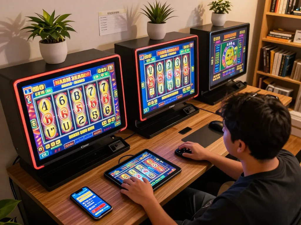 Player engaging in slot gacor gameplay on tablet, showcasing vibrant slot machine visuals in a cozy home setting