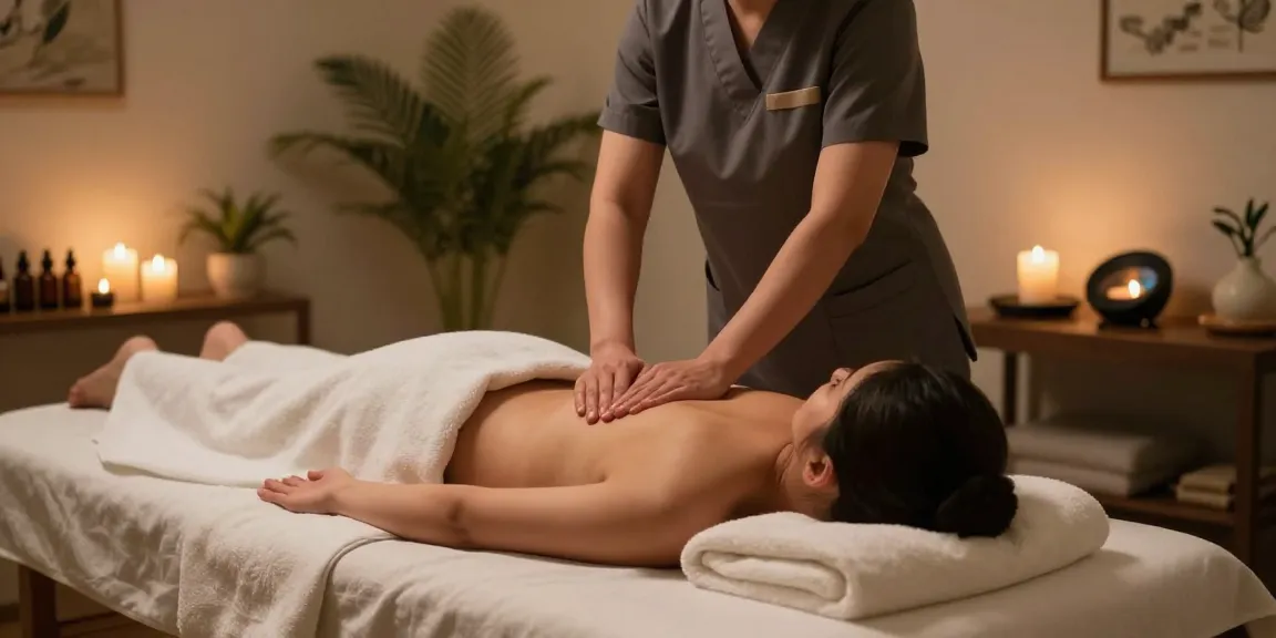 Swedish massage therapy session in a serene spa, highlighting relaxing ambiance and professional therapist.
