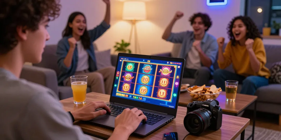Engaging online gaming experience with slot depo 1000, featuring vibrant slot graphics and friends cheering.