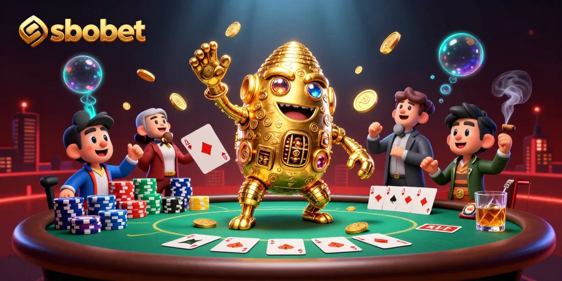 Experience sbobet's excitement with the golden golem surrounded by poker chips and cards in a vibrant casino scene.