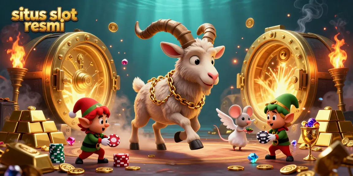 Situs slot resmi showcases a vibrant holiday-horror casino scene with Krampus and elves amidst gold treasures.