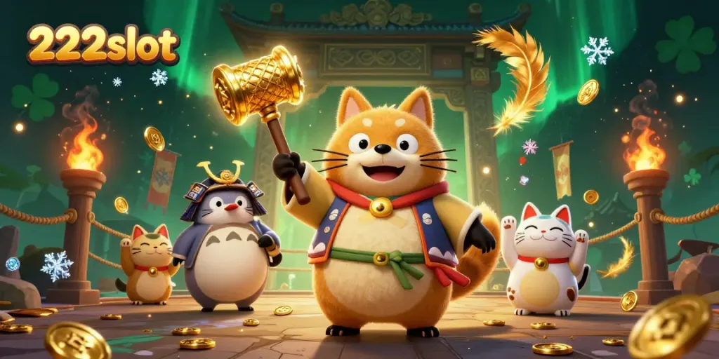 Menangkan hadiah besar dengan bermain slot 222slot, dikelilingi oleh simbol keberuntungan dan suasana pertarungan yang seru.