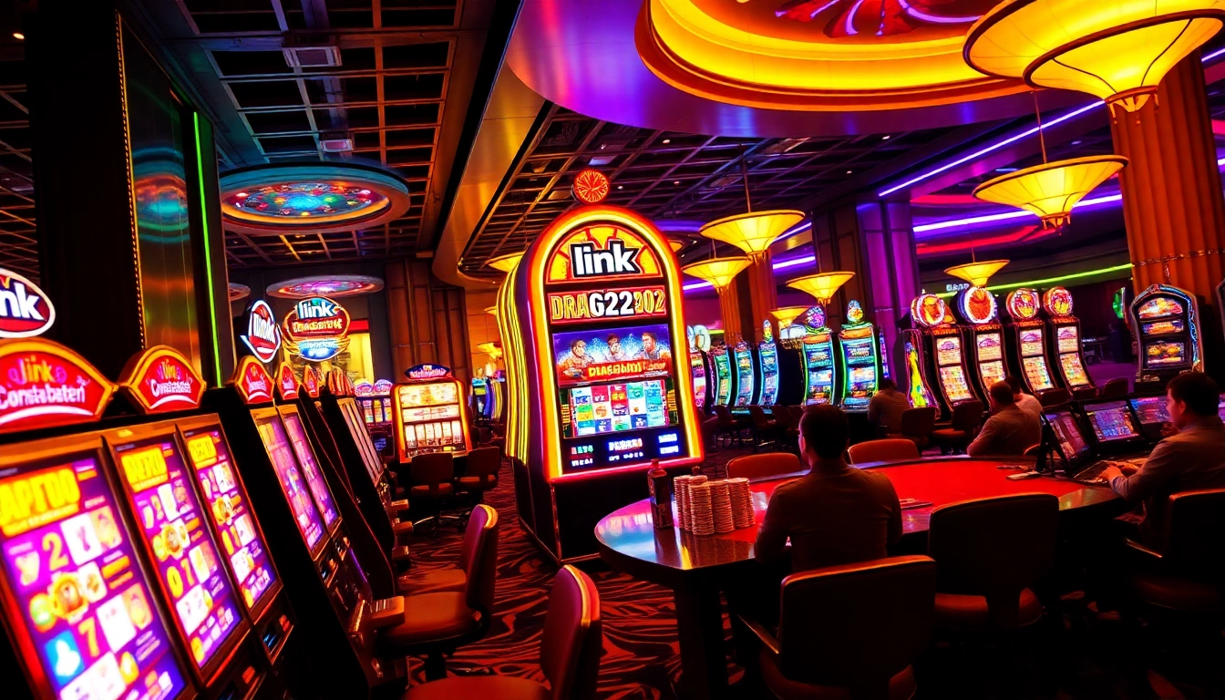 Experience the excitement at the slot machine 'link DRAGON222' in a vibrant casino atmosphere with eager players.