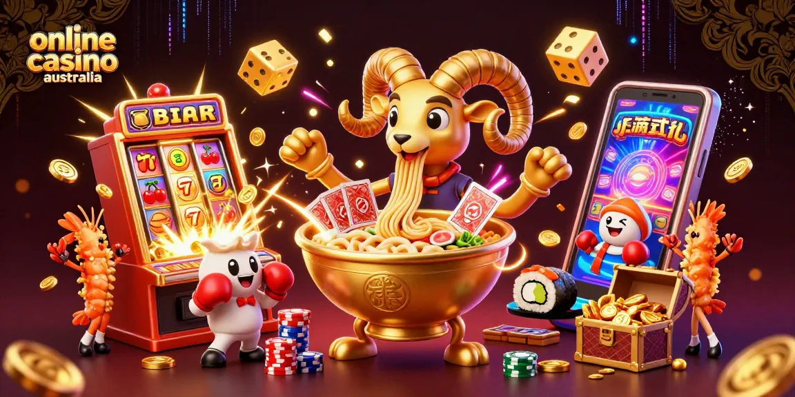 Experience the vibrant atmosphere of an online casino Australia with an action-packed 3D illustration.