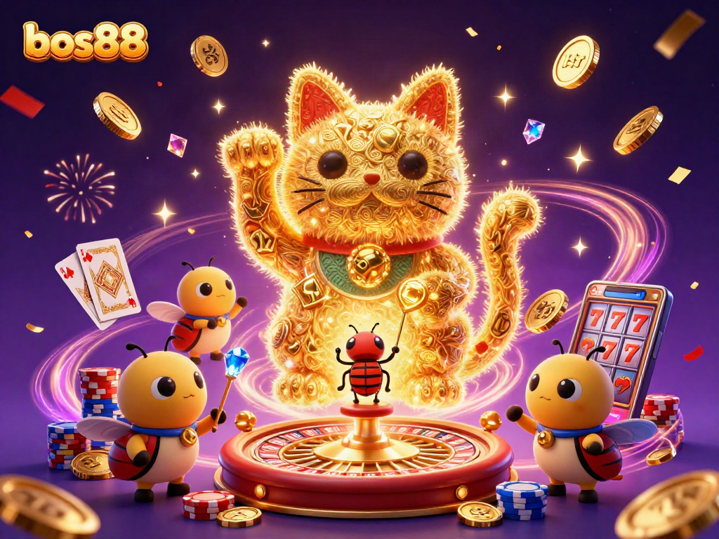 Menangkan peluang di bos88 dengan ilustrasi 3D kucing keberuntungan yang dikelilingi oleh koin dan kartu.