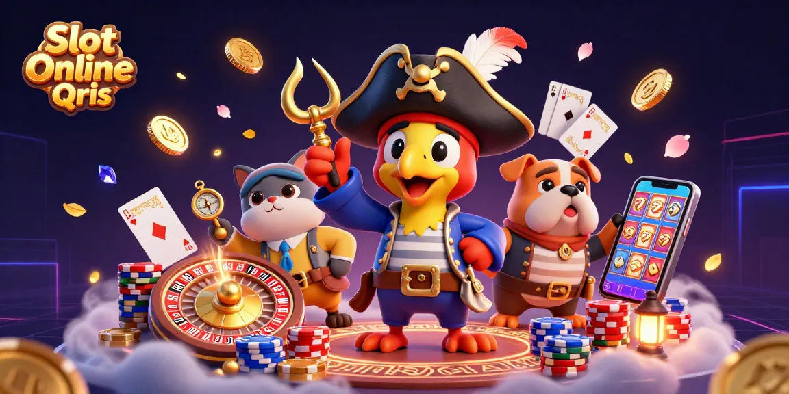 Play exciting games with Slot Online Qris featuring rich visuals of coins, cards, and spinning reels.