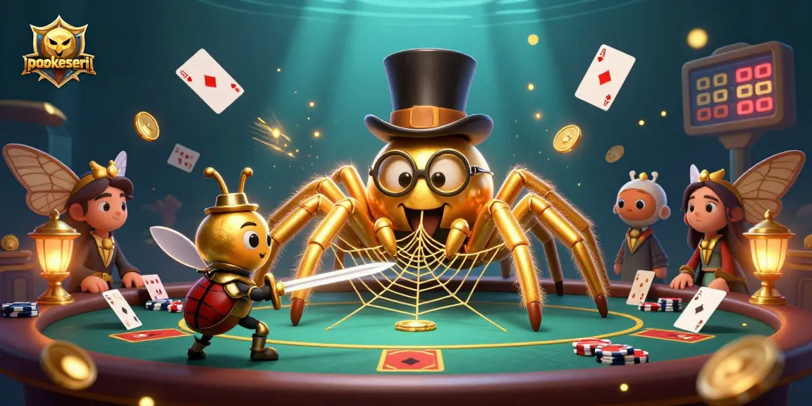 Engage with POKERSERI as a golden tarantula weaves between poker tables while a brave beetle knight approaches.