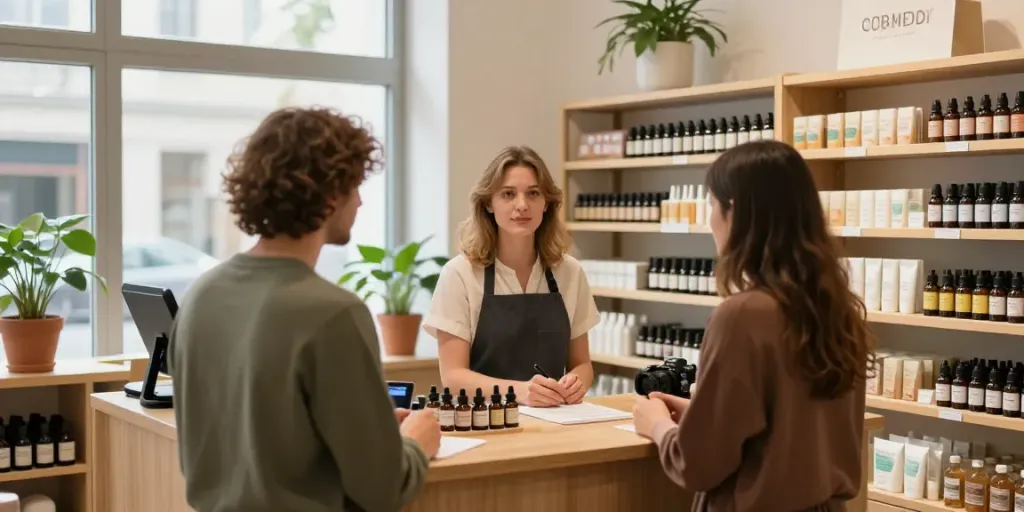 Welcoming CBD shop Bielefeld with staff assisting customers among shelves of diverse products.