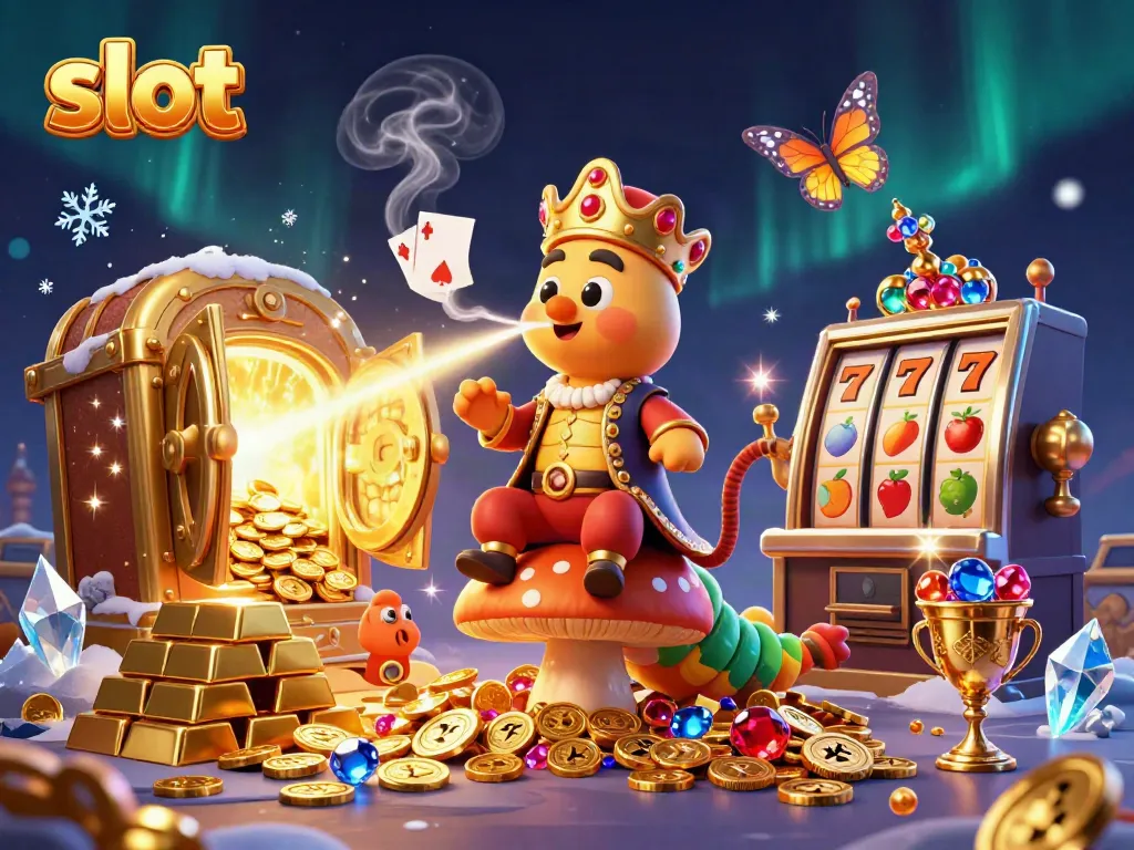 Exciting slot machine scene featuring a caterpillar hookah-master, vibrant treasures, and casino symbols.
