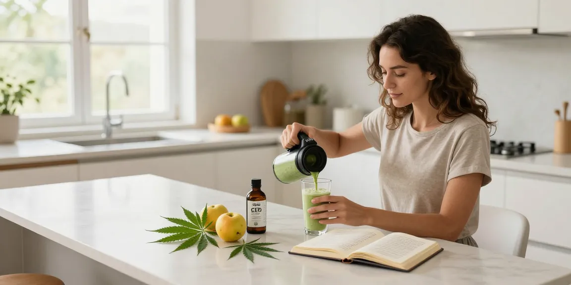 proper loud CBD oil and wellness scene in bright kitchen with herbal elements