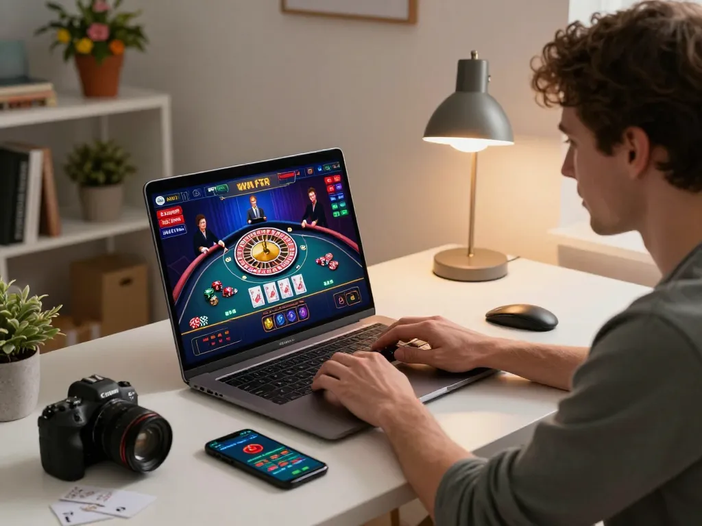 Engaging online gaming setup showcasing 888NEW roulette gameplay on a laptop with a cozy at-home atmosphere.