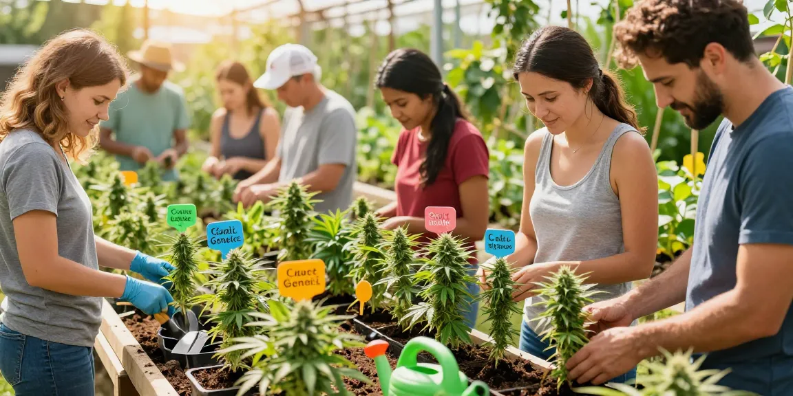 Cali Genetics Samen kaufen im Garten mit Menschen, die Cannabissamen pflanzen und pflegen.