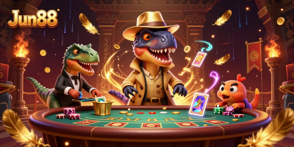 Join the fun at Jun88 with a velociraptor card counter at a dynamic casino scene!