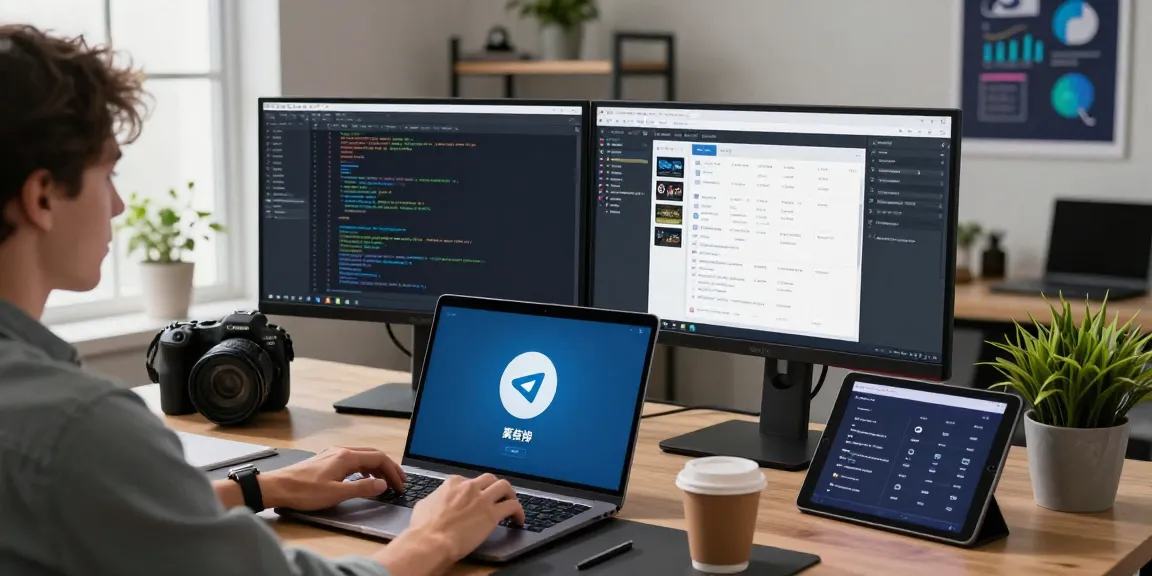 Setting up telegram中文版 on a laptop in a bright tech workspace with dual monitors and coding elements.