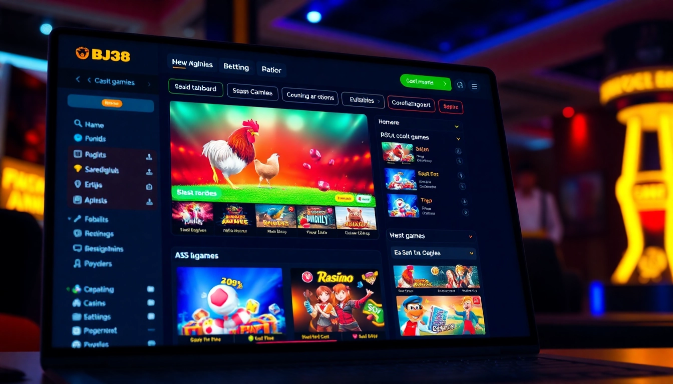 BJ38 betting interface with vibrant graphics showcasing cockfighting and casino games.