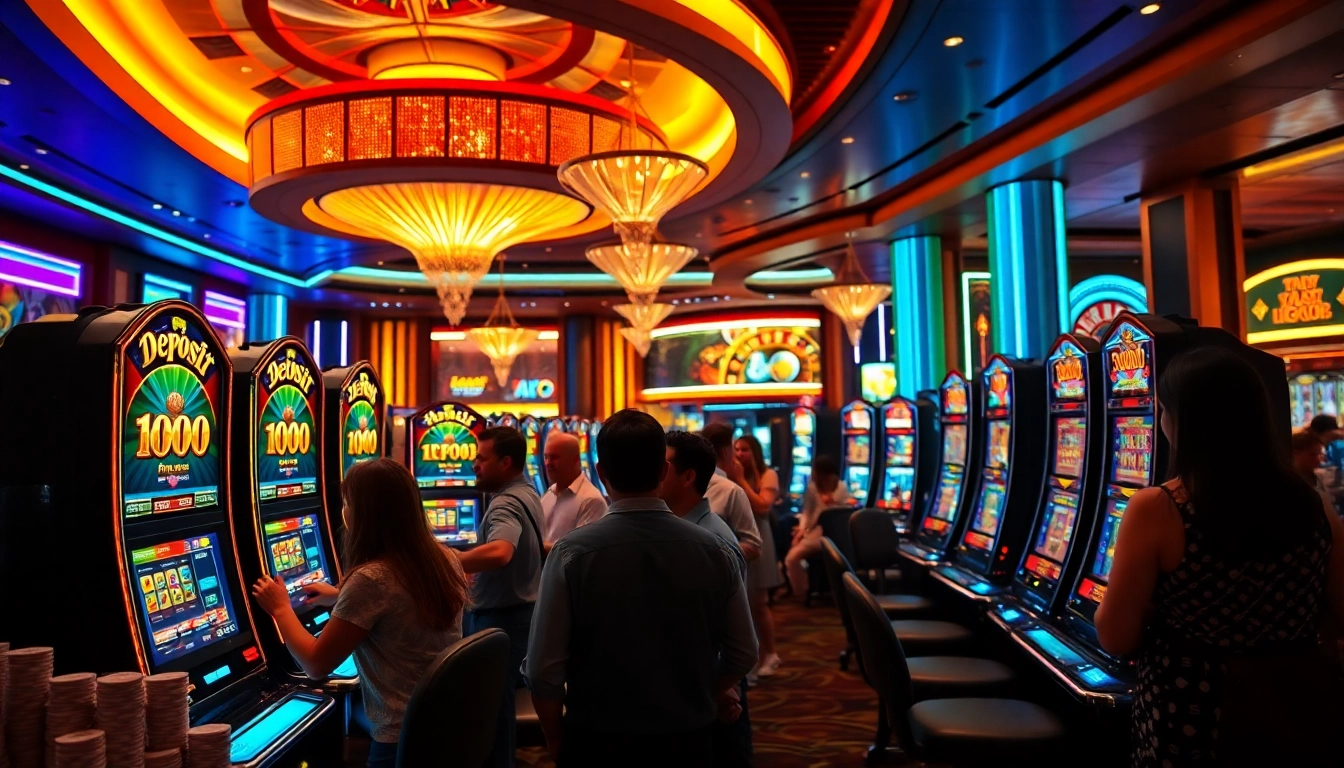 Players winning at vibrant slot machines labeled slot deposit 1000 in a luxurious casino setting.