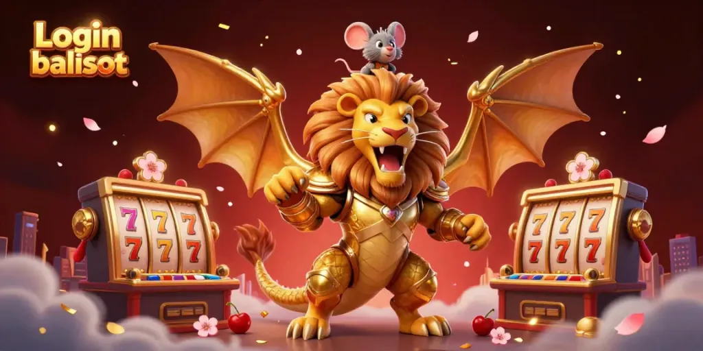 Engage with Login balislot through a dynamic scene featuring a golden chimera and slot reels.