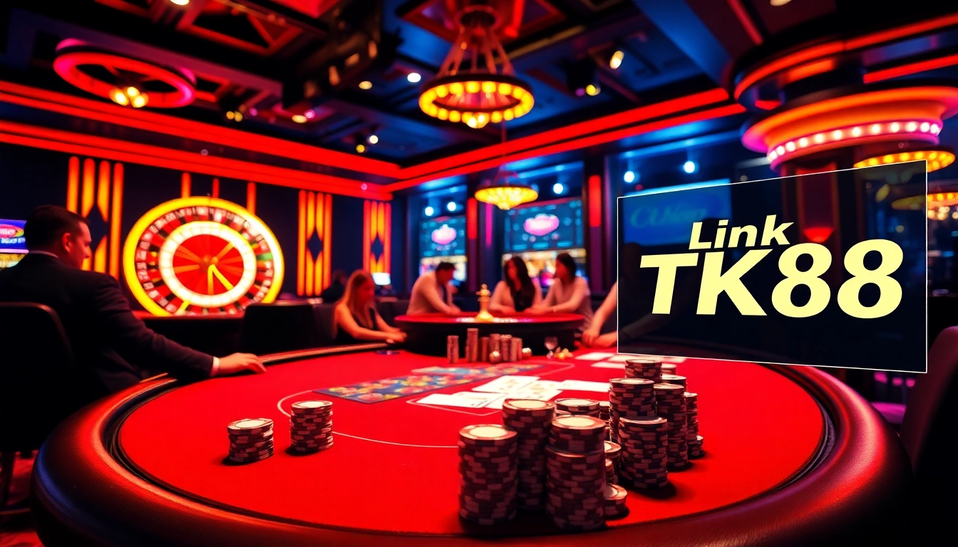 Engaging casino scene featuring Link TK88 with vibrant poker gameplay and modern online interface.