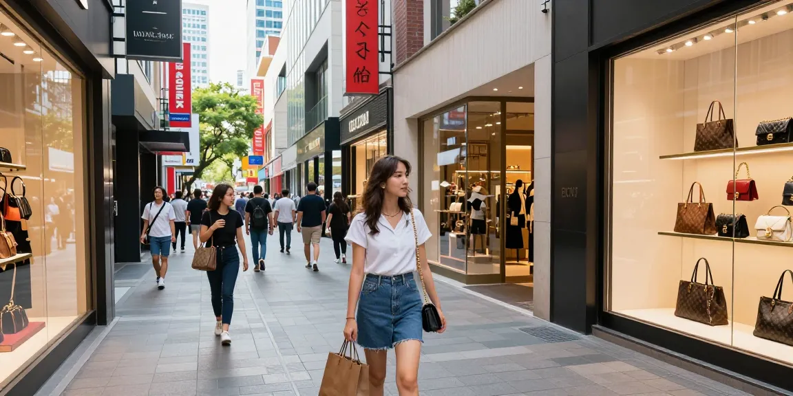 Shopper exploring stylish replica sites in a bustling urban fashion district.