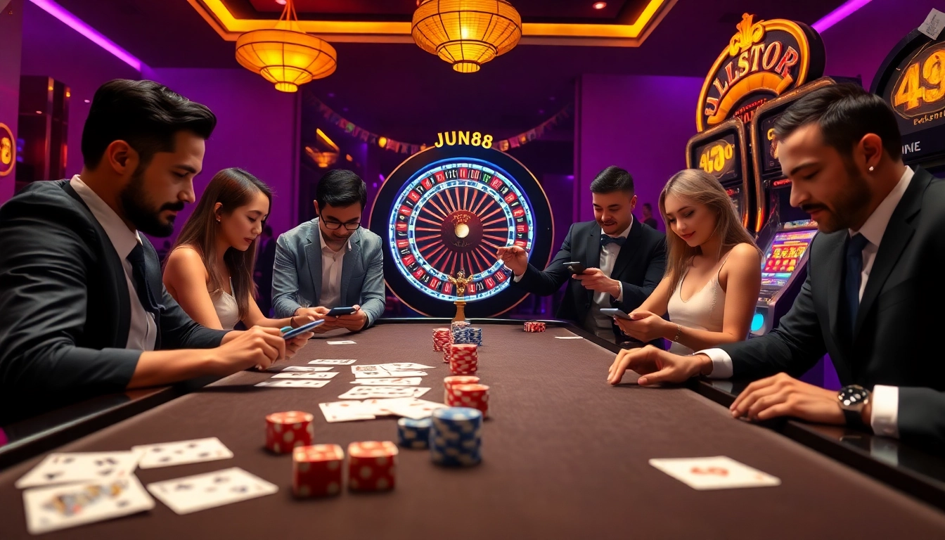 Players experiencing Jun88 casino excitement at a vibrant gambling table with cards and chips.