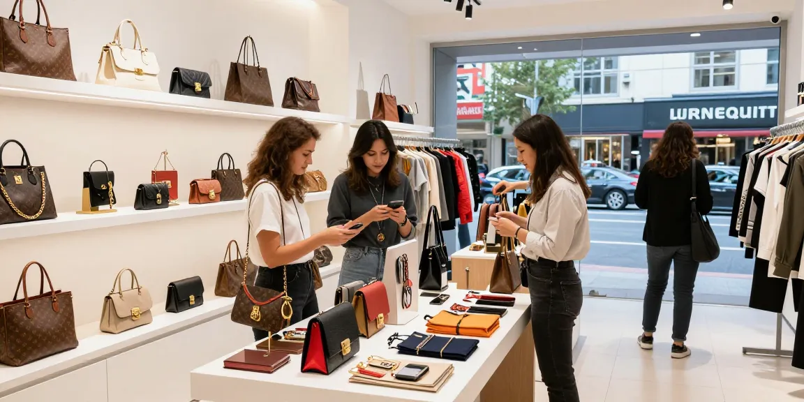 Browsing at a 레플리카 쇼핑몰, showcasing high-quality replica designer handbags in an inviting modern setting.