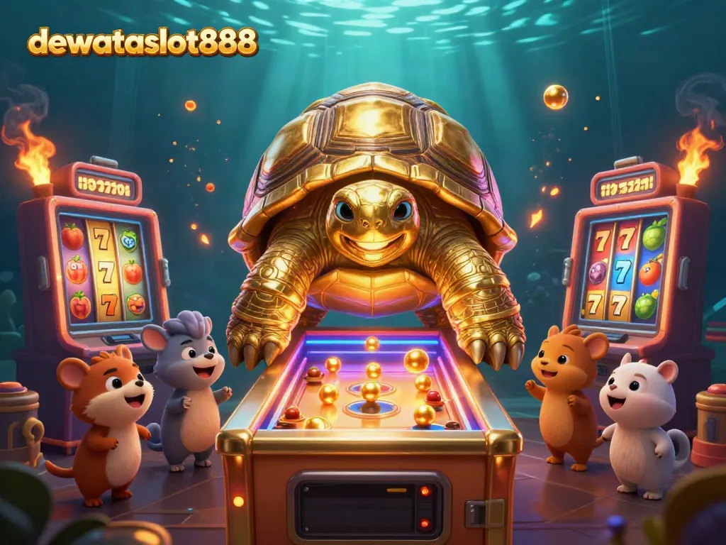 Gambarkan pengalaman bermain di dewataslot888 dengan penyu emas raksasa dan mesin slot penuh simbol keberuntungan.