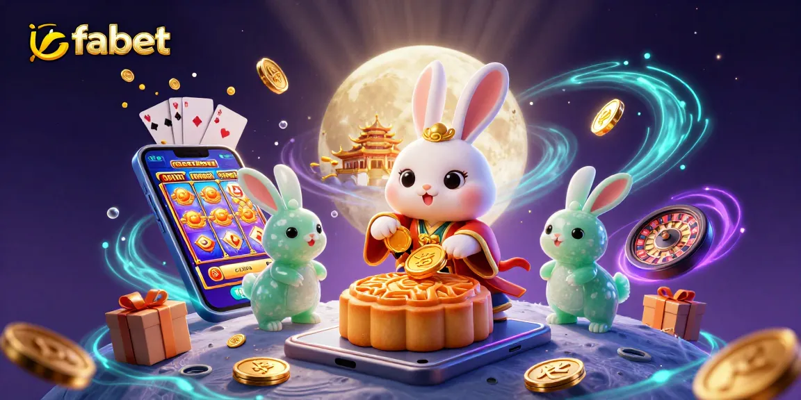 Experience thrilling gameplay with ufabet as a moon rabbit reveals poker chips amidst colorful casino elements.