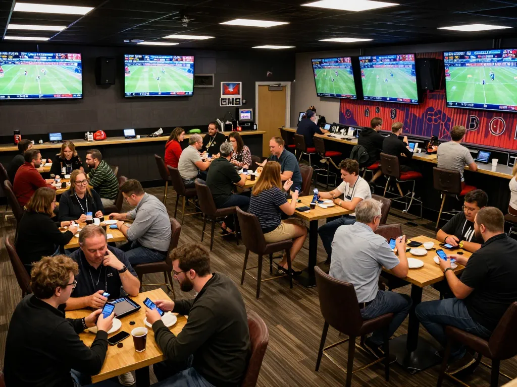 Kèo nhà cái hôm nay displayed prominently on large TV screens in a lively sports betting venue as enthusiastic bettors analyze odds.