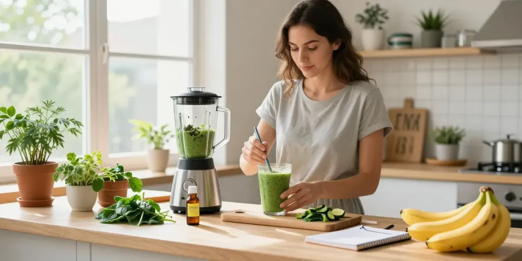 Cannabis strain CBD oil bottle next to fresh smoothie ingredients and wellness journal in a bright kitchen.