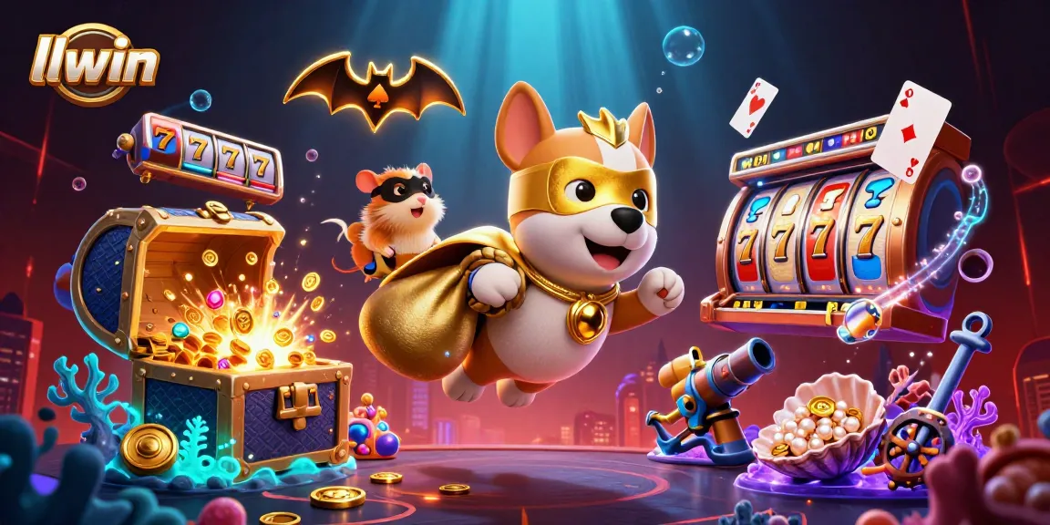 llwin unlocks jackpots in a vibrant casino scene with a heroic dog cartoon exhibiting gaming excitement.