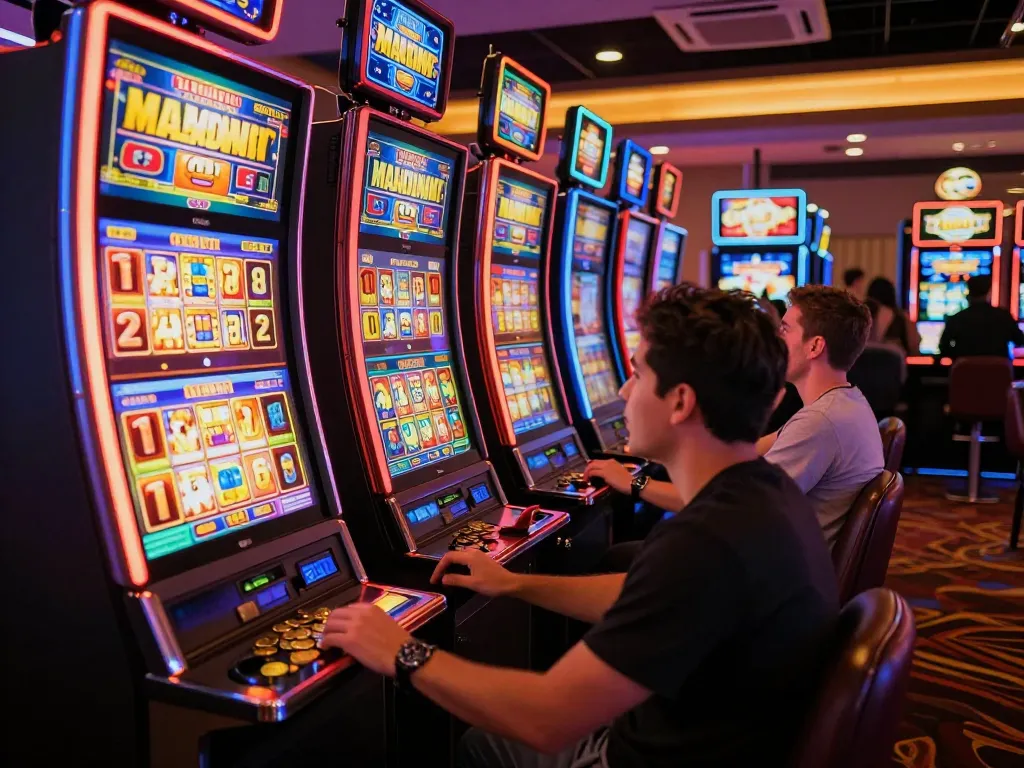 Players thrillingly enjoy slot bet kecil at colorful machines in a lively casino.