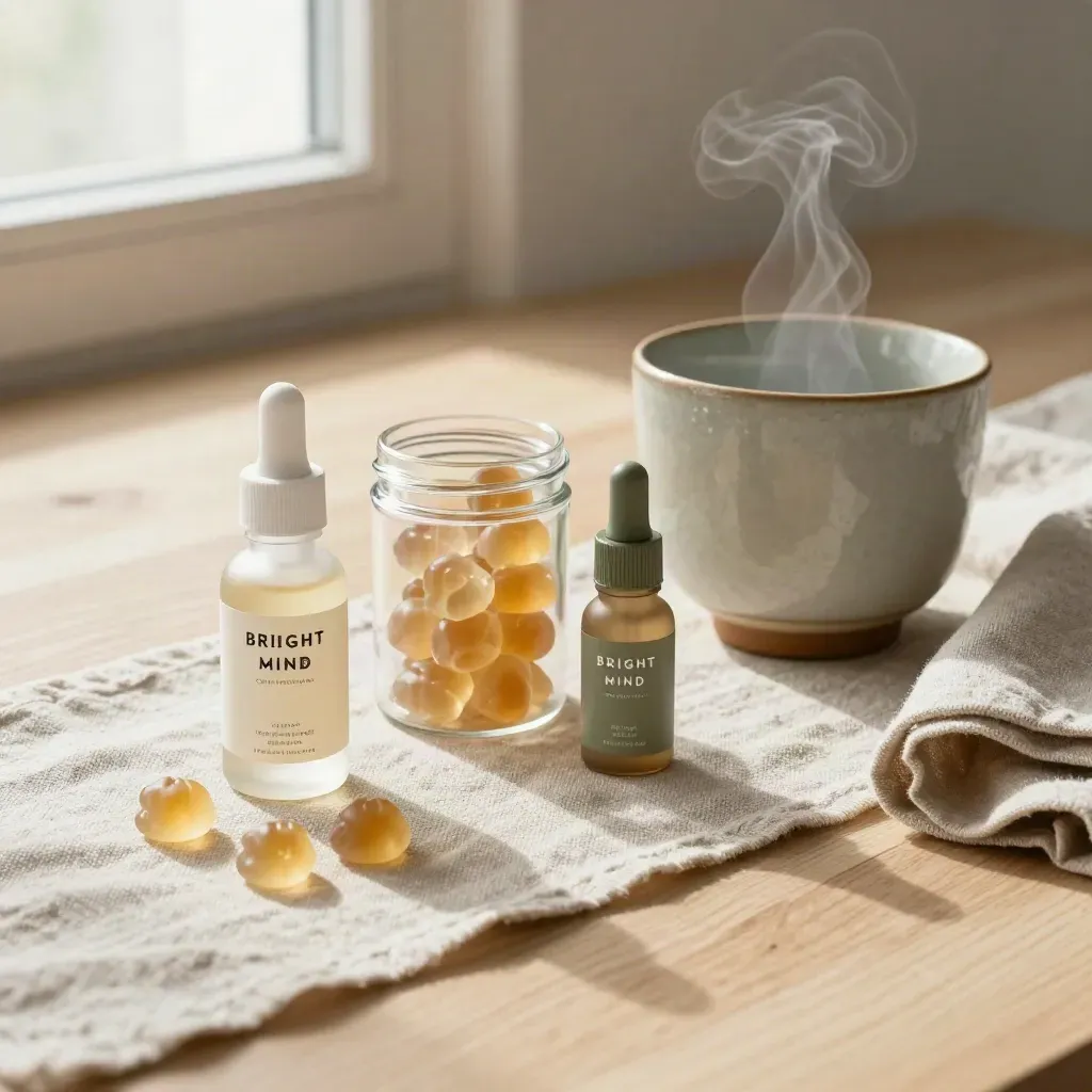CBD starter kit on pale oak with tincture, gummies, capsules, cup, and linen cloth in soft morning light.