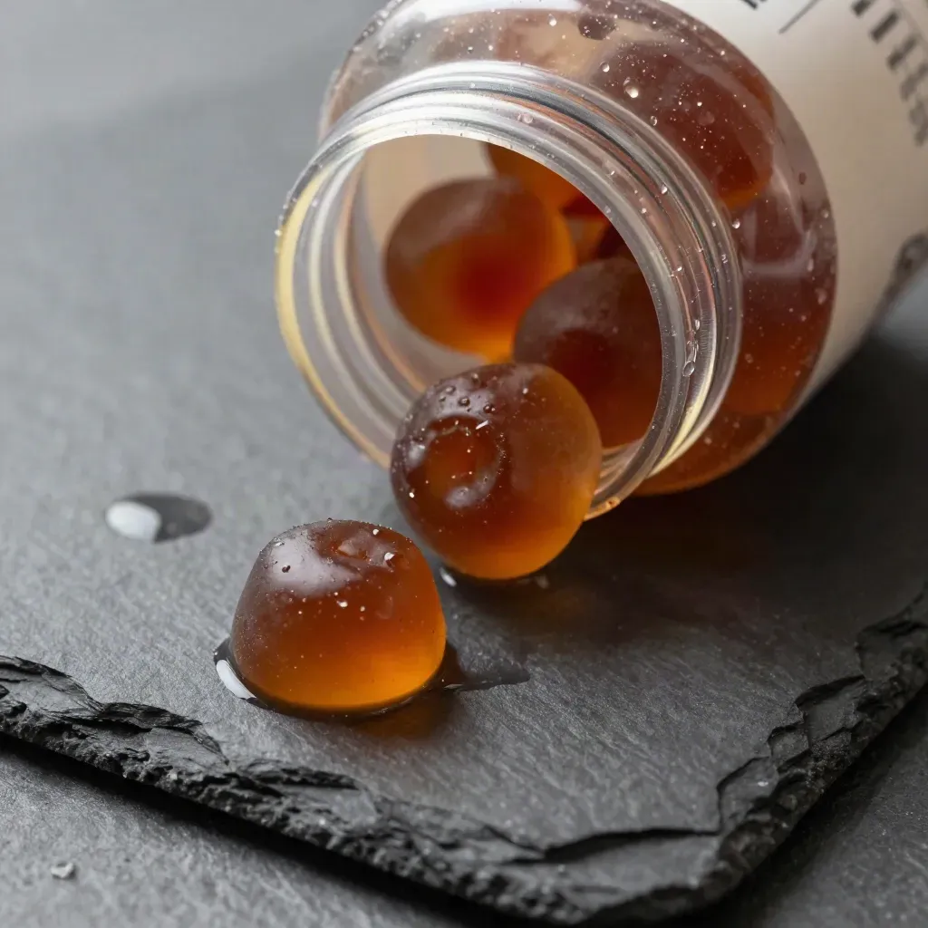 Unlabelled gummies jar and berry chews on wet slate, with a gummy rolling free.