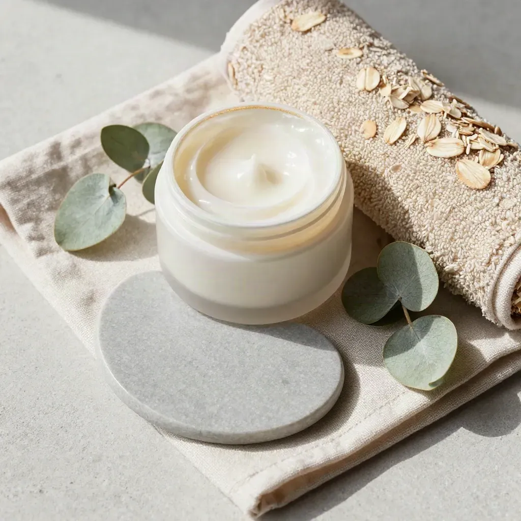 Overhead flatlay of open recovery balm with towel, stone disc, eucalyptus and folded linen.