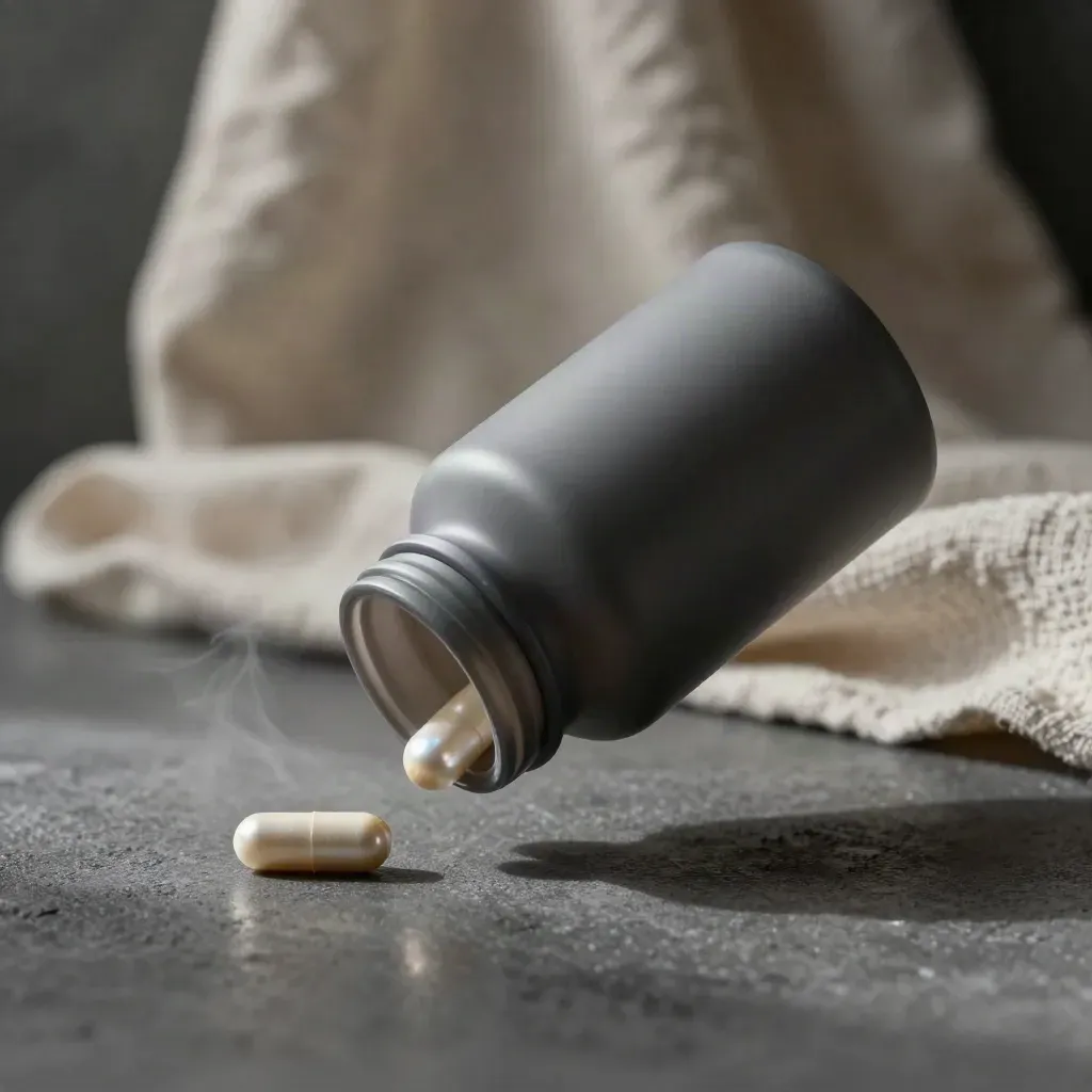 Charcoal sleep capsules bottle with loose capsules and linen, lit with cool rim light