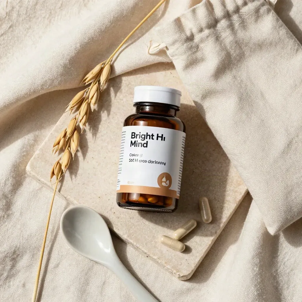 Overhead flat lay of CBD capsules with linen, spoon, oat stem, and cream fabric.