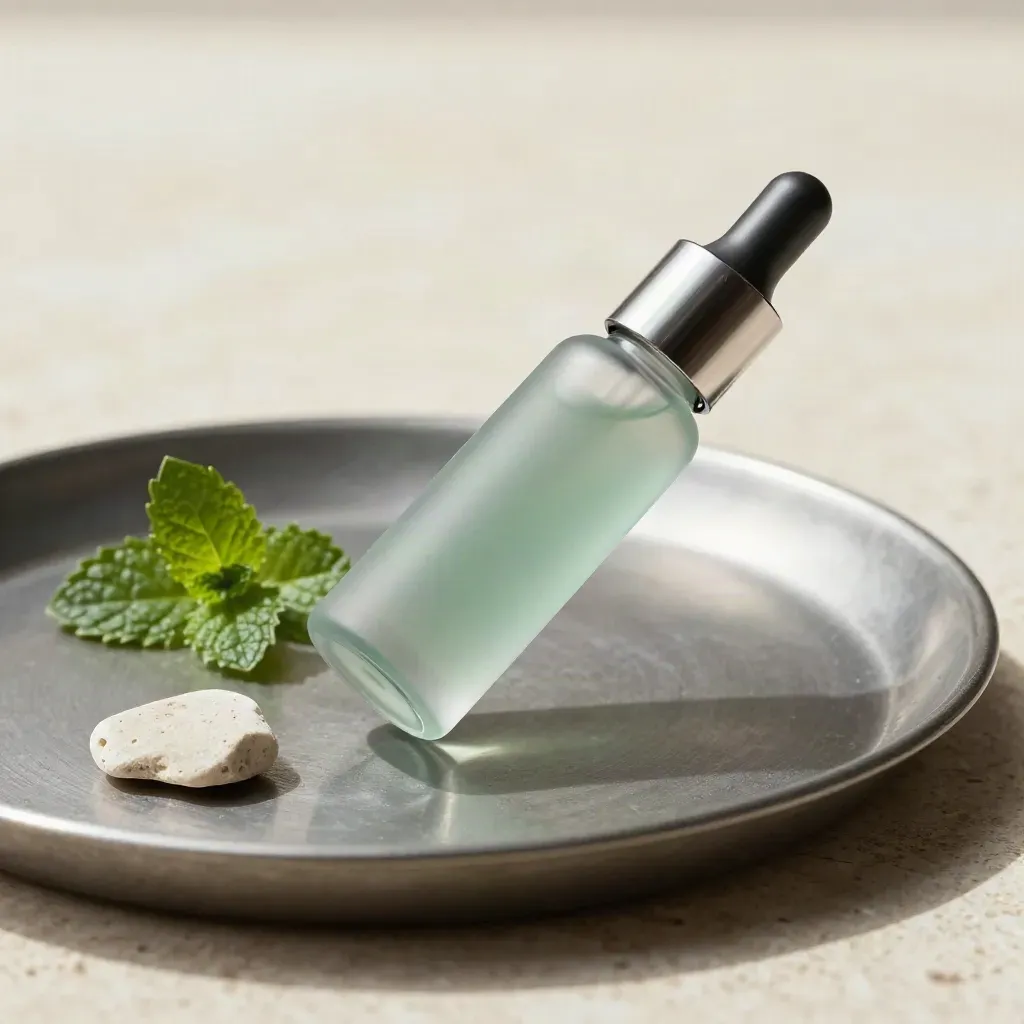 Macro of a mint vape oil bottle, cartridge, mint leaf and stone chip on a brushed metal tray with vapor.
