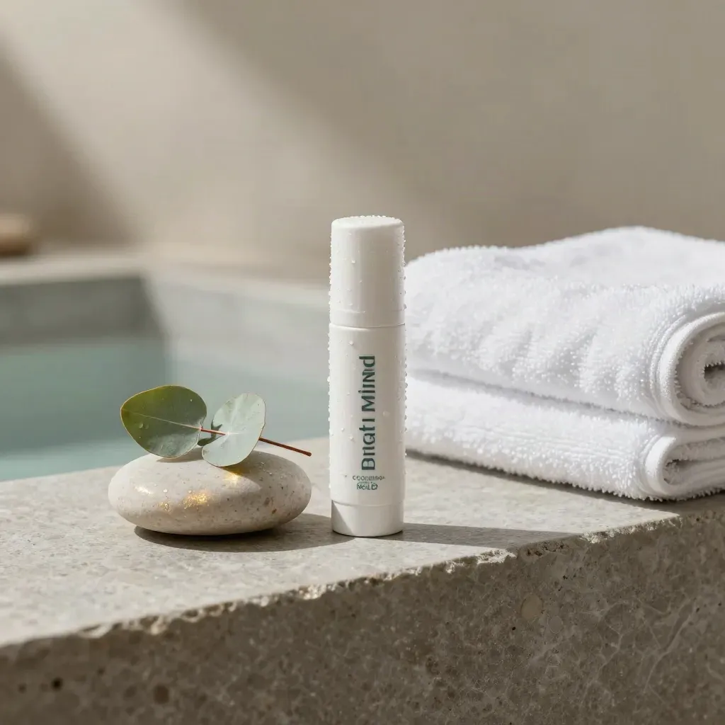 CBD roll-on, pebble, eucalyptus, and towel on a cool stone spa shelf