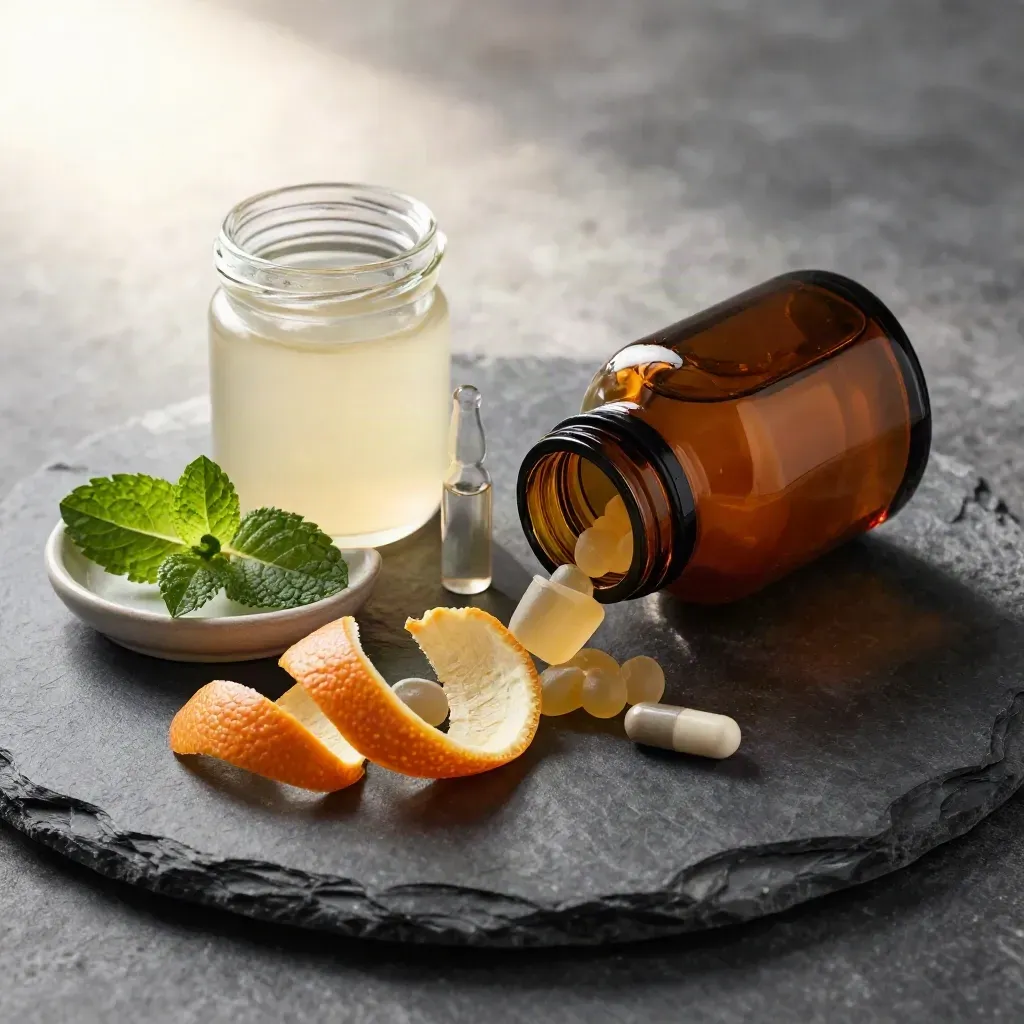 CBD starter bundle with bottle, gummies, capsules, mint and citrus on dark stone