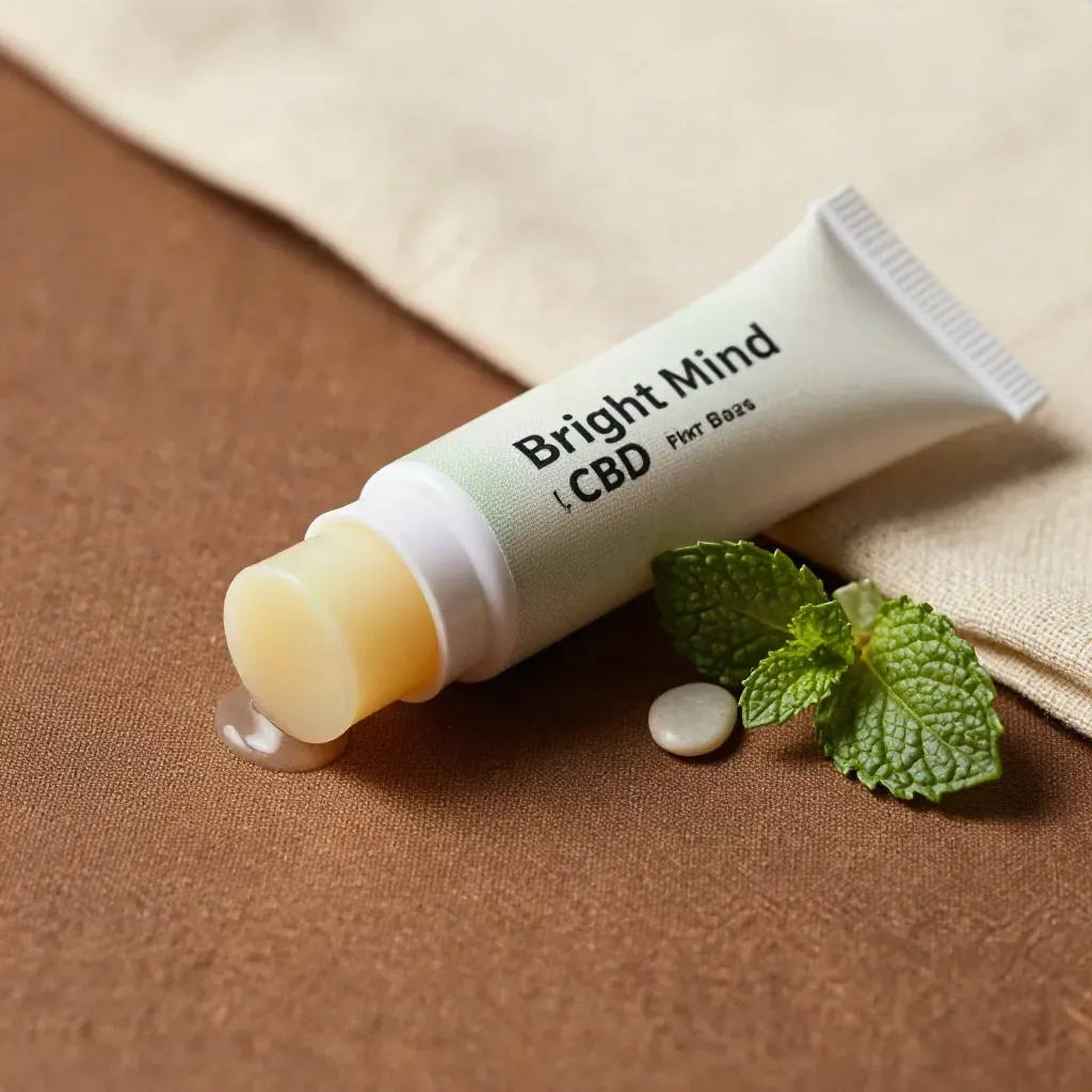 Macro of a balm stick half-wrapped in linen with mint leaf and pebble, warm soft-gold light.