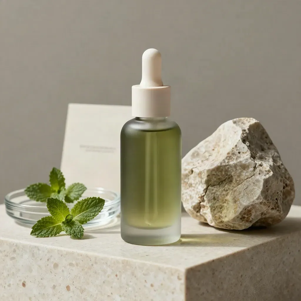 Unbranded CBD oil bottle on travertine with glass dish, stone and mint leaves