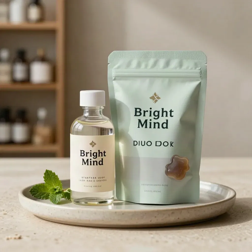 Starter duo CBD product hero with tincture bottle, gummies pouch, tray and mint sprig on travertine.