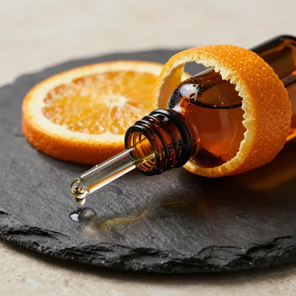 Amber citrus tincture bottle with peel ribbons, orange slice, and dropper over stone.