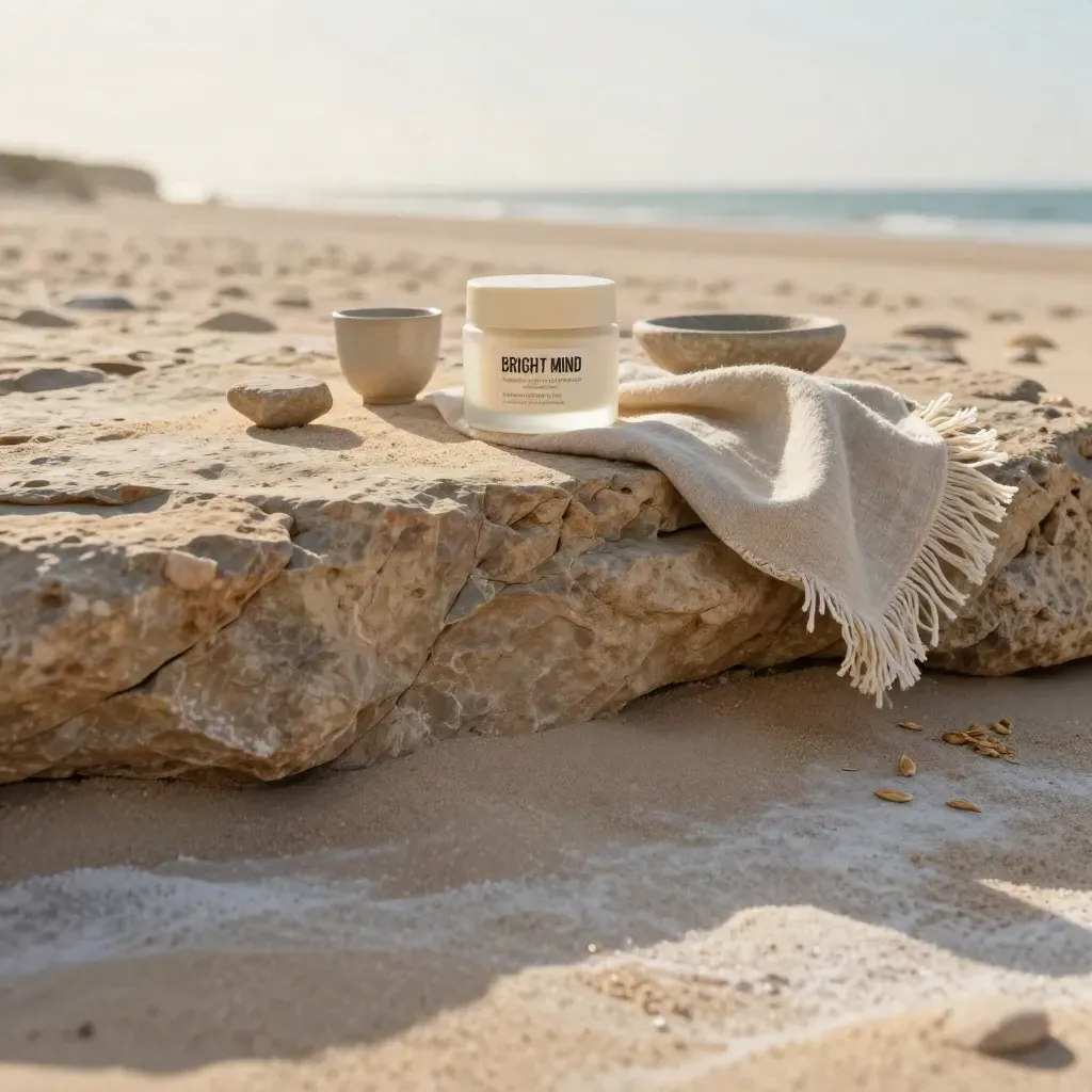 Sandstone ledge with a balm jar, linen cloth and ceramic cup in warm coastal sunrise.