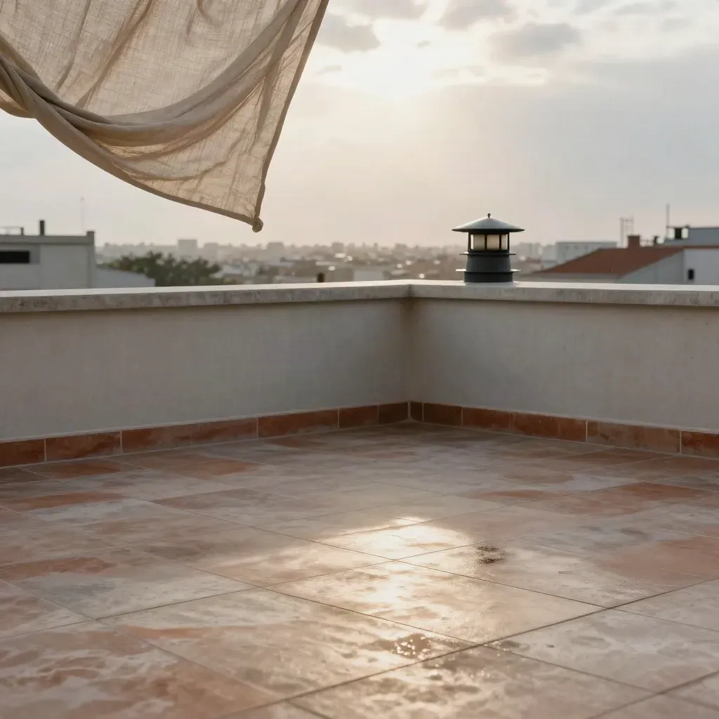 Sunlit rooftop terrace with pale concrete parapet, linen drape, and distant cityline in soft haze.